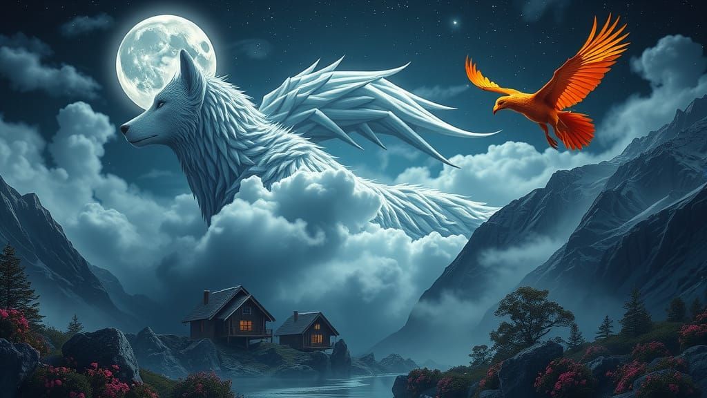 Moonlit Guardians of Serene Valley: Wolf Spirit with Dragon ...