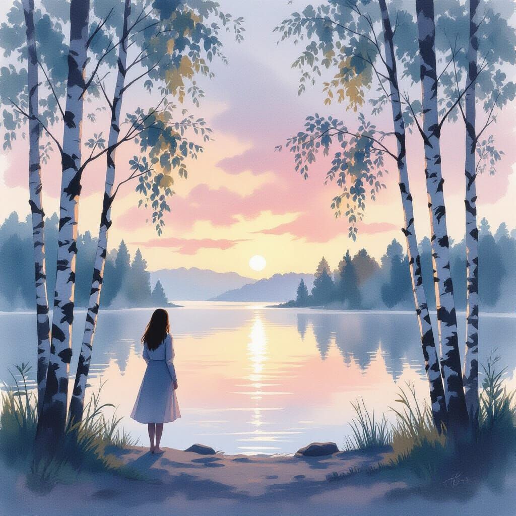 Woman at Misty Lake Shore in Watercolor Style