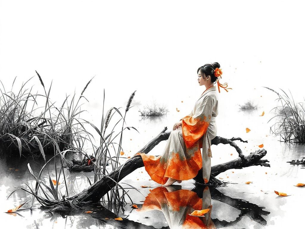 Ethereal Chinese Woman in Serene Watercolour Landscape