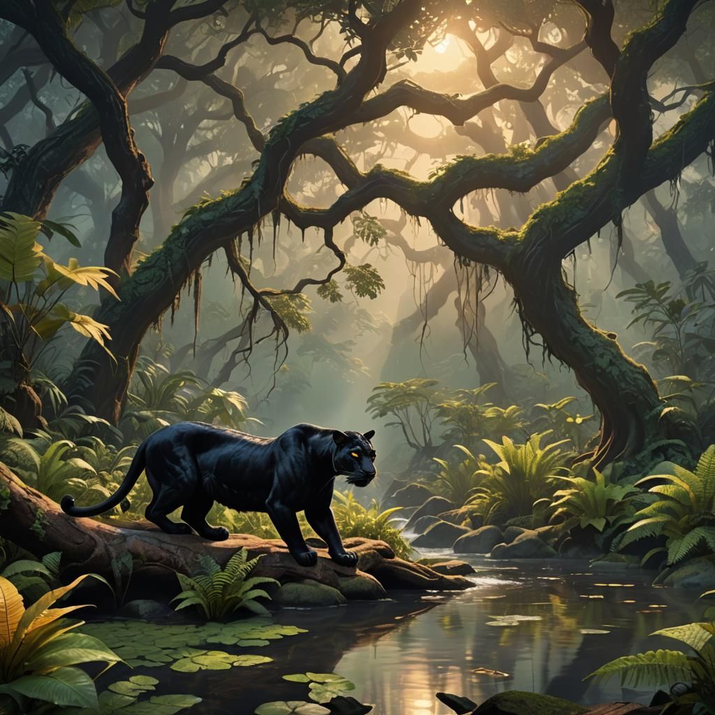 Black Panther in Jungle Sunrise, Fantasy Concept Art