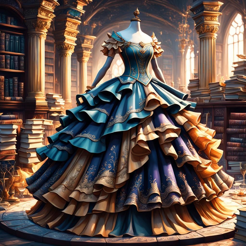 Book Ruffle Dress in Detailed Digital Painting Style