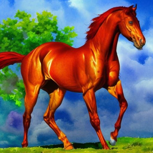 Big Red Horse in Gouache Impressionist Style