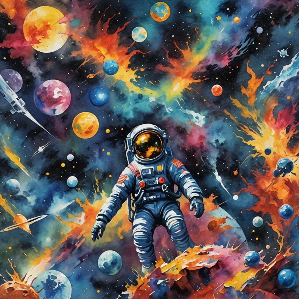 Astronaut Lost in Space: Gouache Watercolor Painting