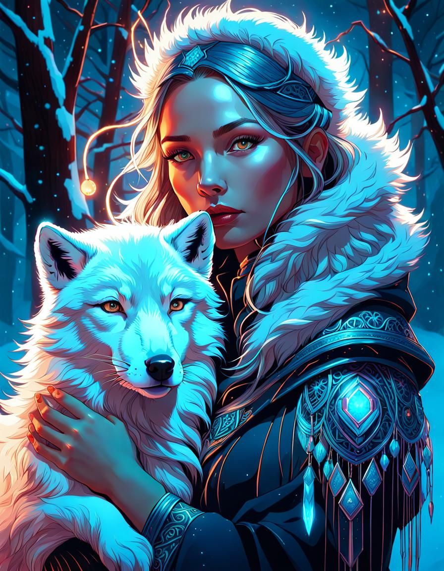Neon Winter Witch and Arctic Wolf Portrait