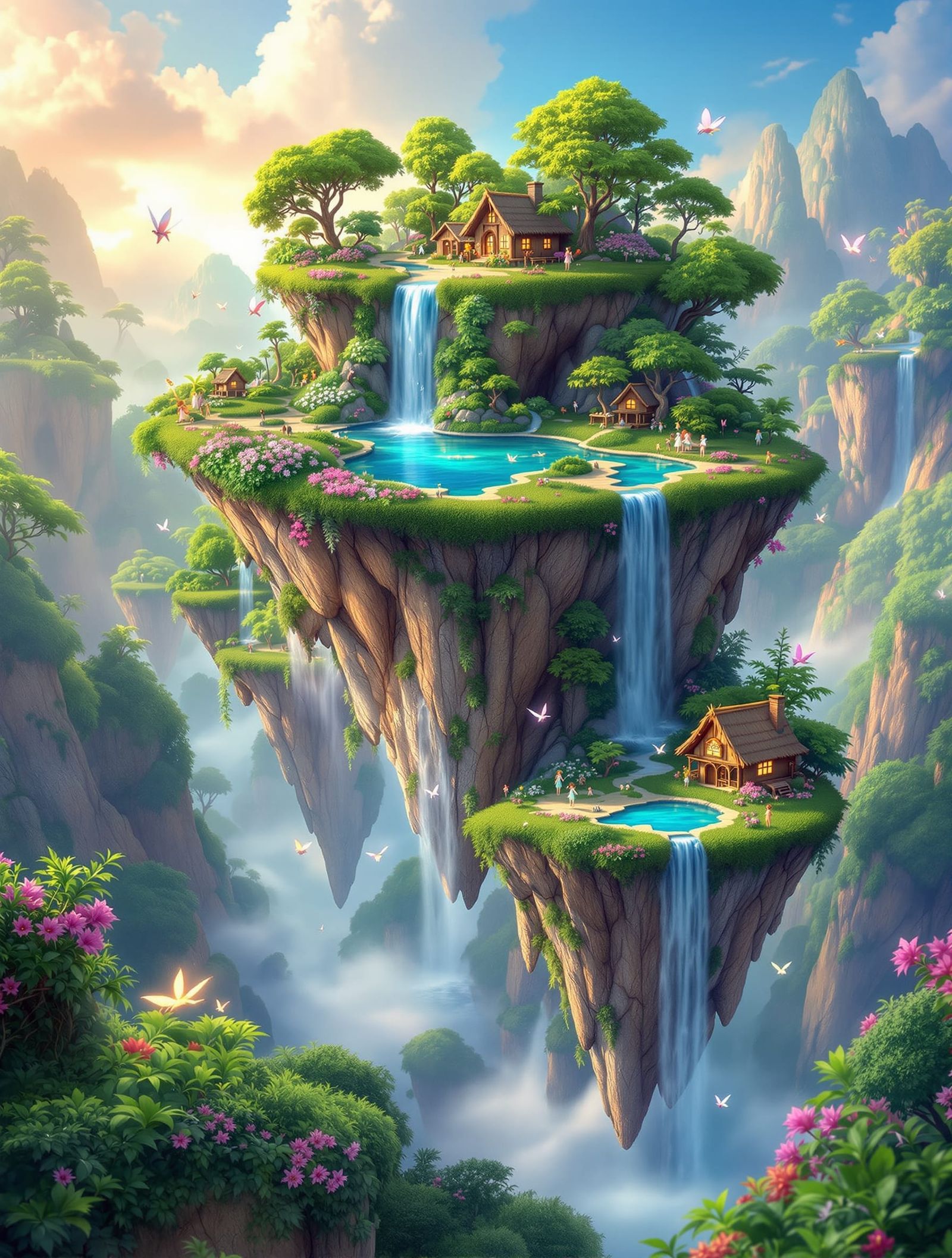 Floating Tropical Islands with Waterfalls and Fairy Huts