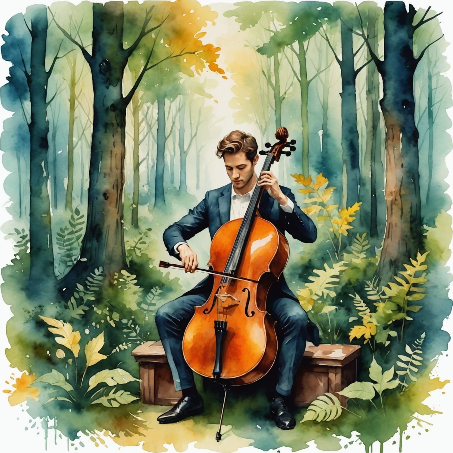 Cellist Plays Music in Enchanted Watercolor Forest