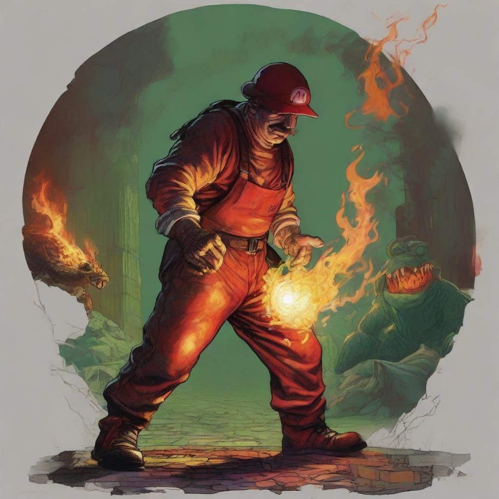 Fiery Super Mario in Dark Renaissance Style