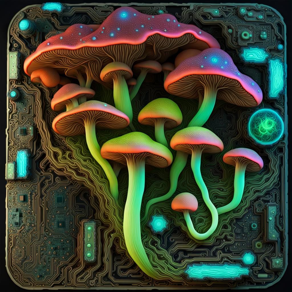 Fluorescent Mushroom Motherboard in Mushroomcore Style
