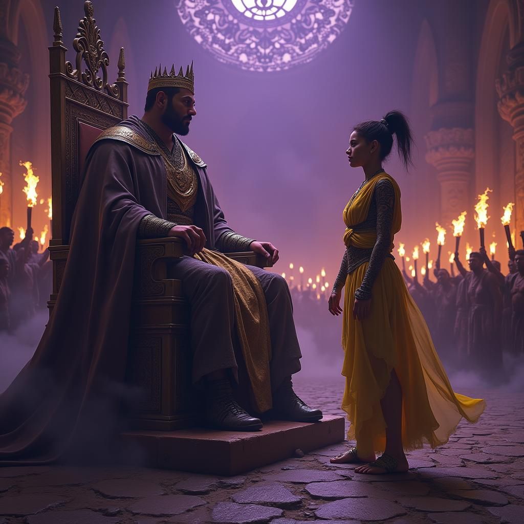 Rebel Confronts King in Dark Fantasy Throne Room