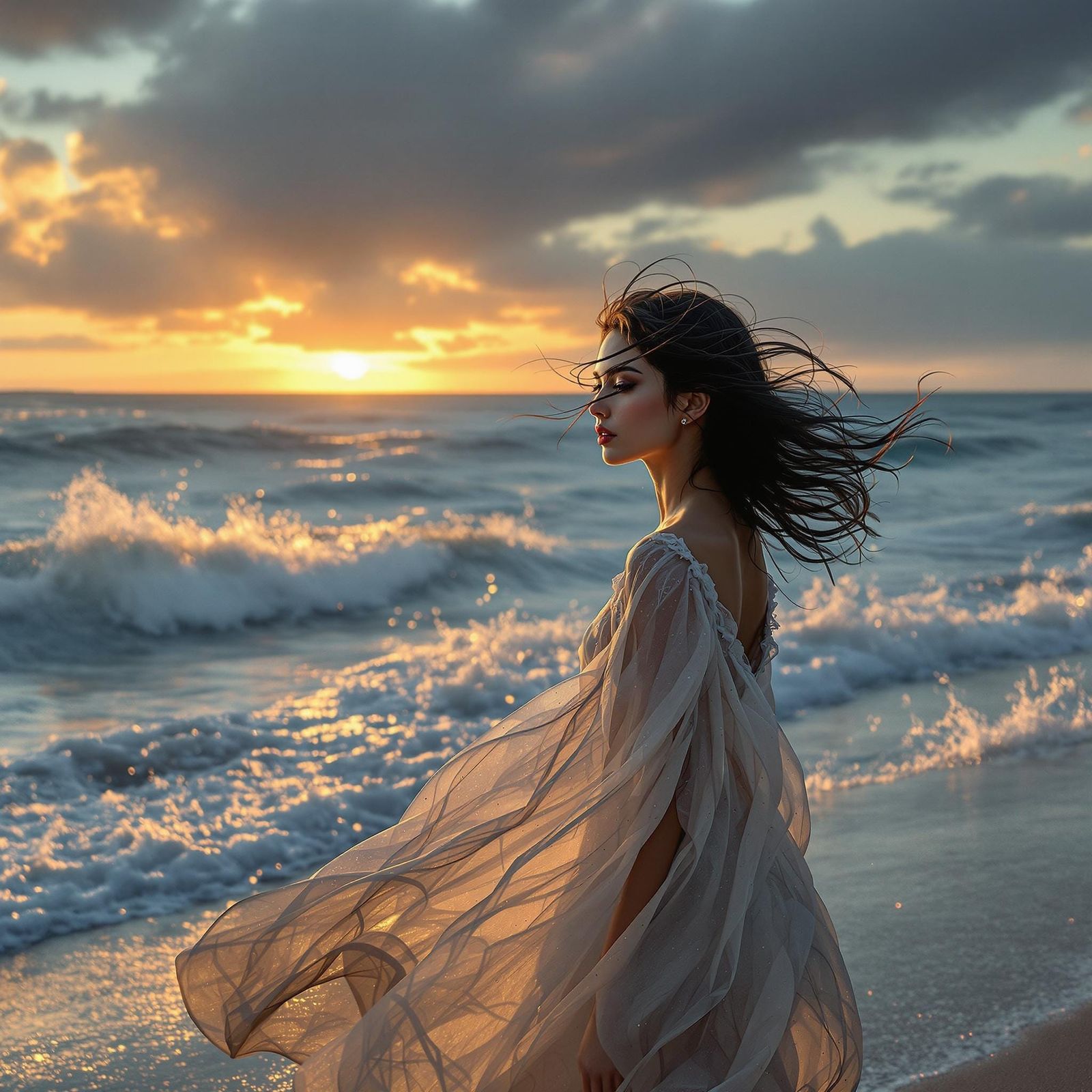 Mysterious Beach Goddess at Dusk with Turbulent Sea