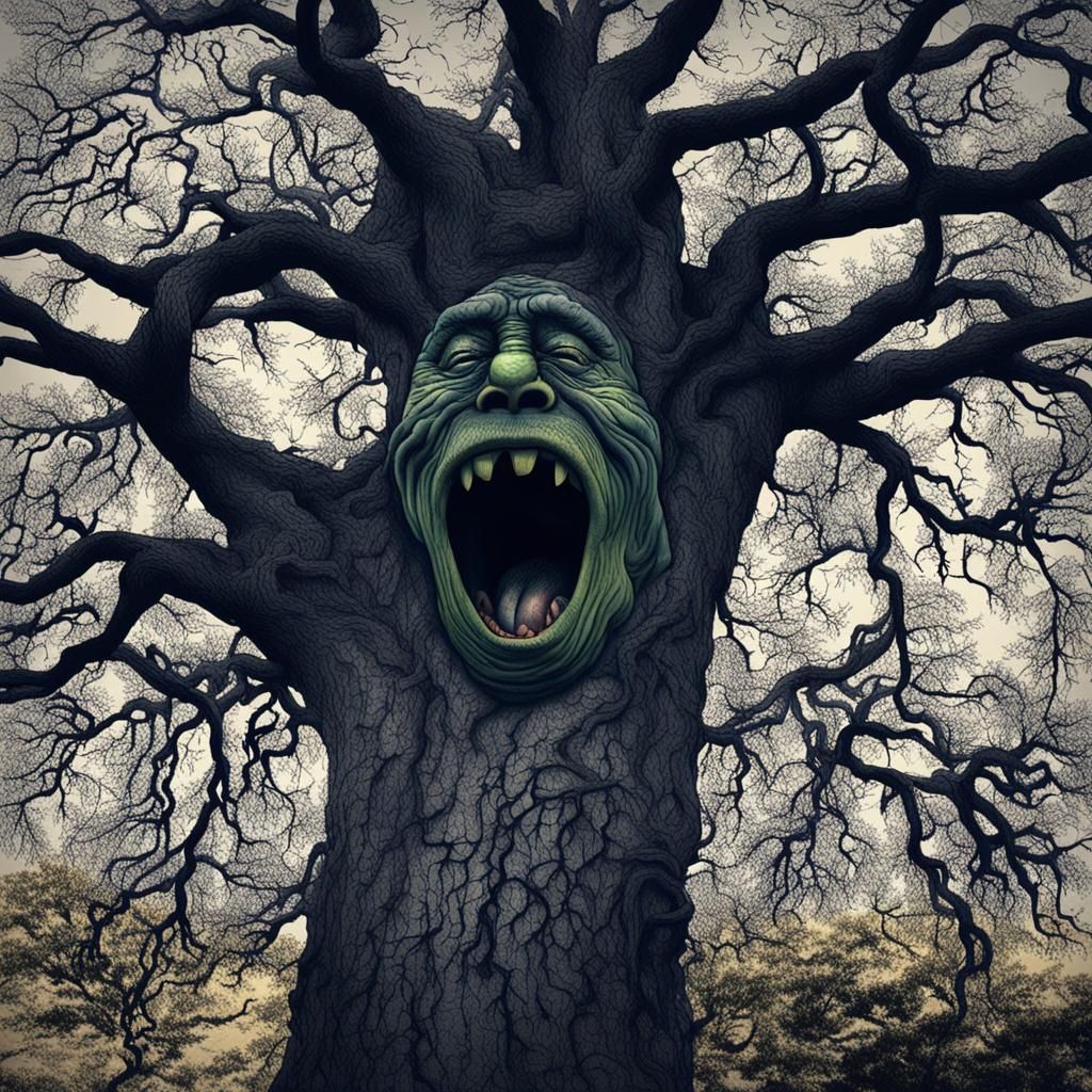 Anthropomorphic Tree Yawns, Mouth Open