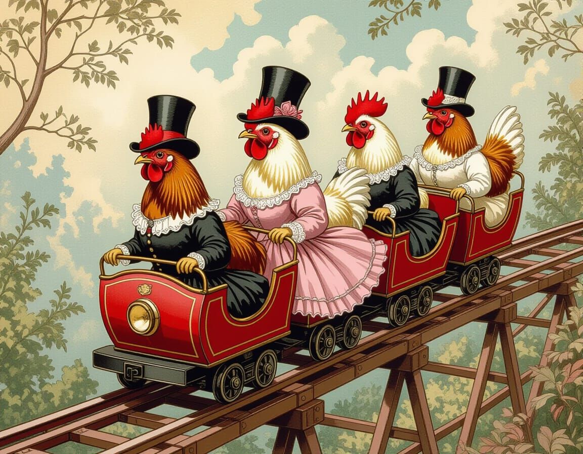 Victorian Chickens on a Whimsical Roller Coaster