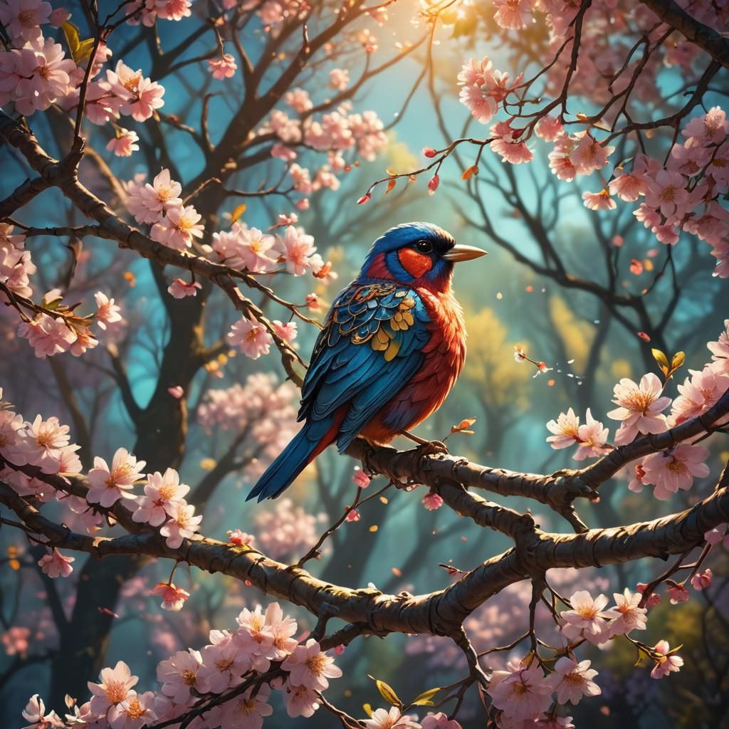 Vibrant Bird in Spring Tree: Fantasy Concept Art