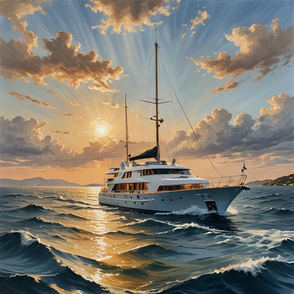 Luxury Yacht on Calm Sea: Impressionist Oil Painting