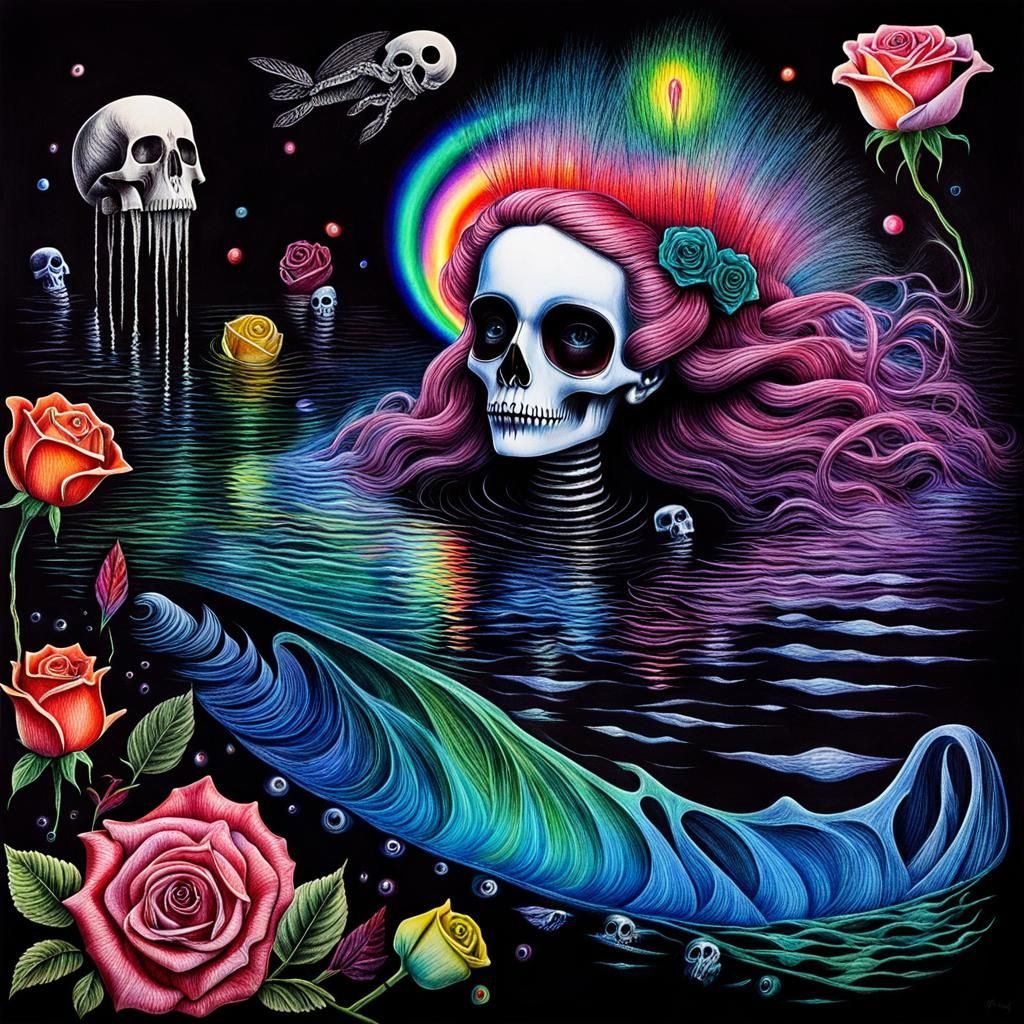 Surreal Crayon Drawing of Goth Woman in Darkness