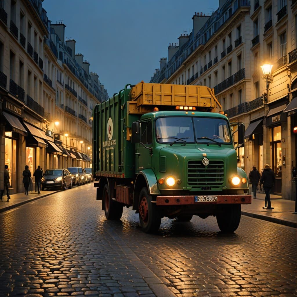 Impressionist Paris at Night: Oldtimer Garbage Truck Amidst ...