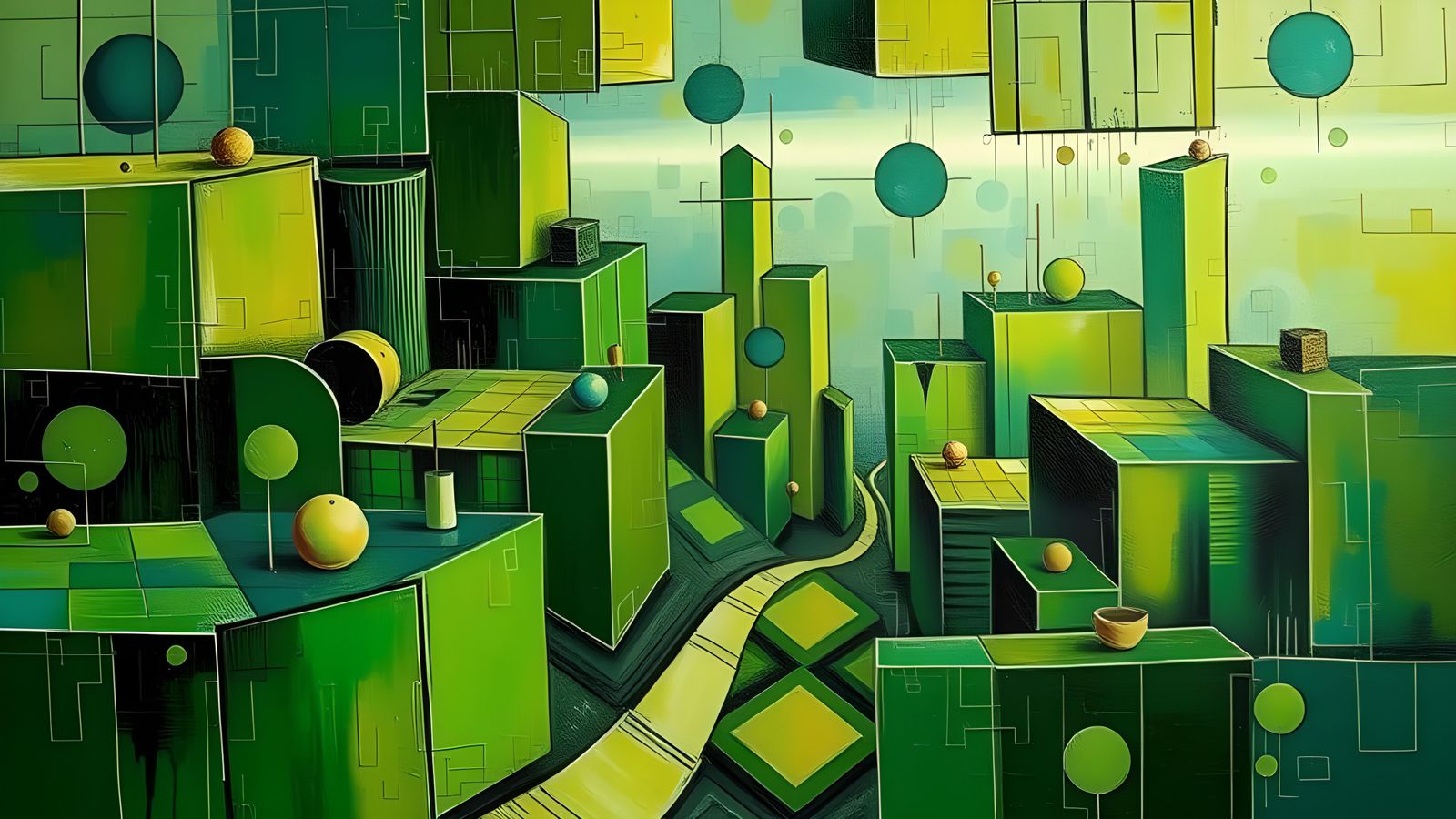 Abstract Cubist Painting in Shades of Green