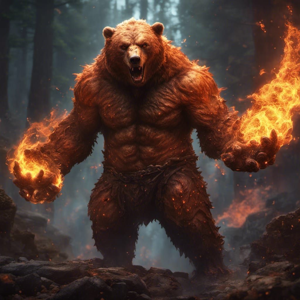 Fiery Bear in Dark Fantasy Style
