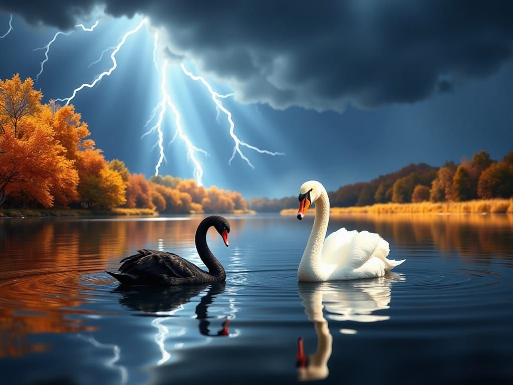 Autumn Lakeside Storm with Swans and Boat
