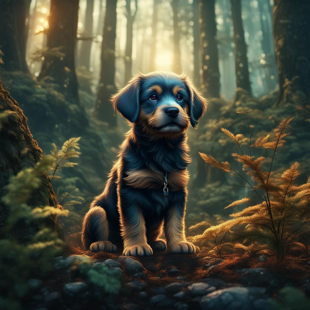 Puppy in Forest: Detailed Matte Painting