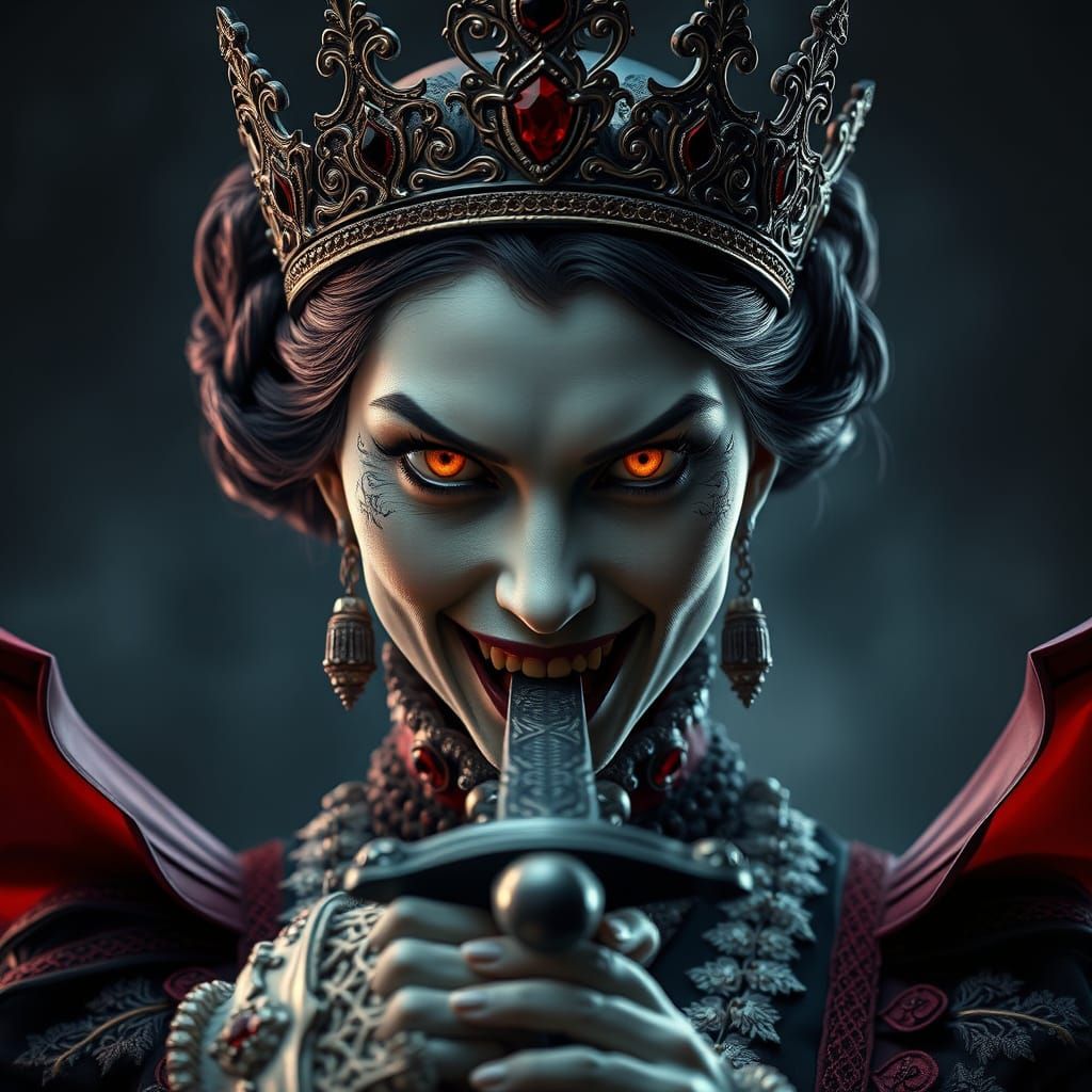Victorian Vampire Queen with Crown and Orange Eyes
