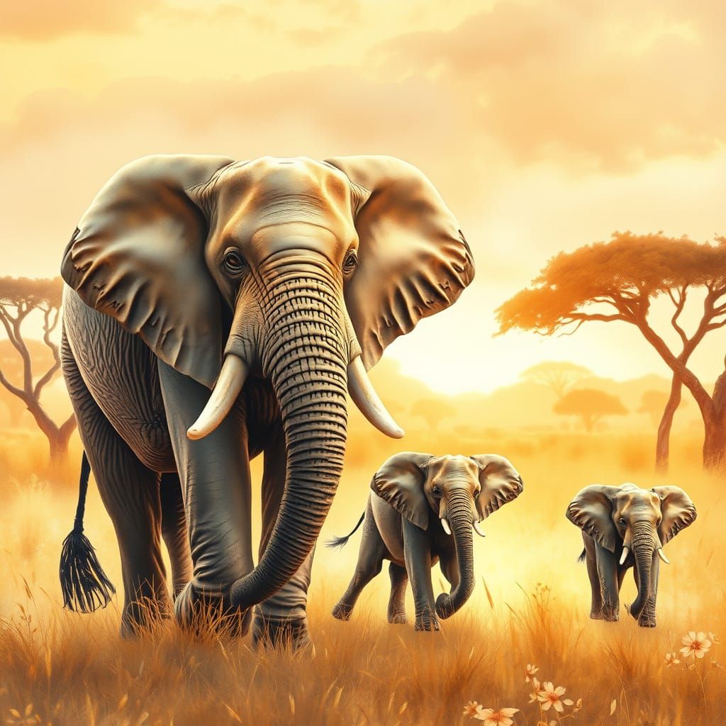 Elephants in Serene African Landscape Watercolor