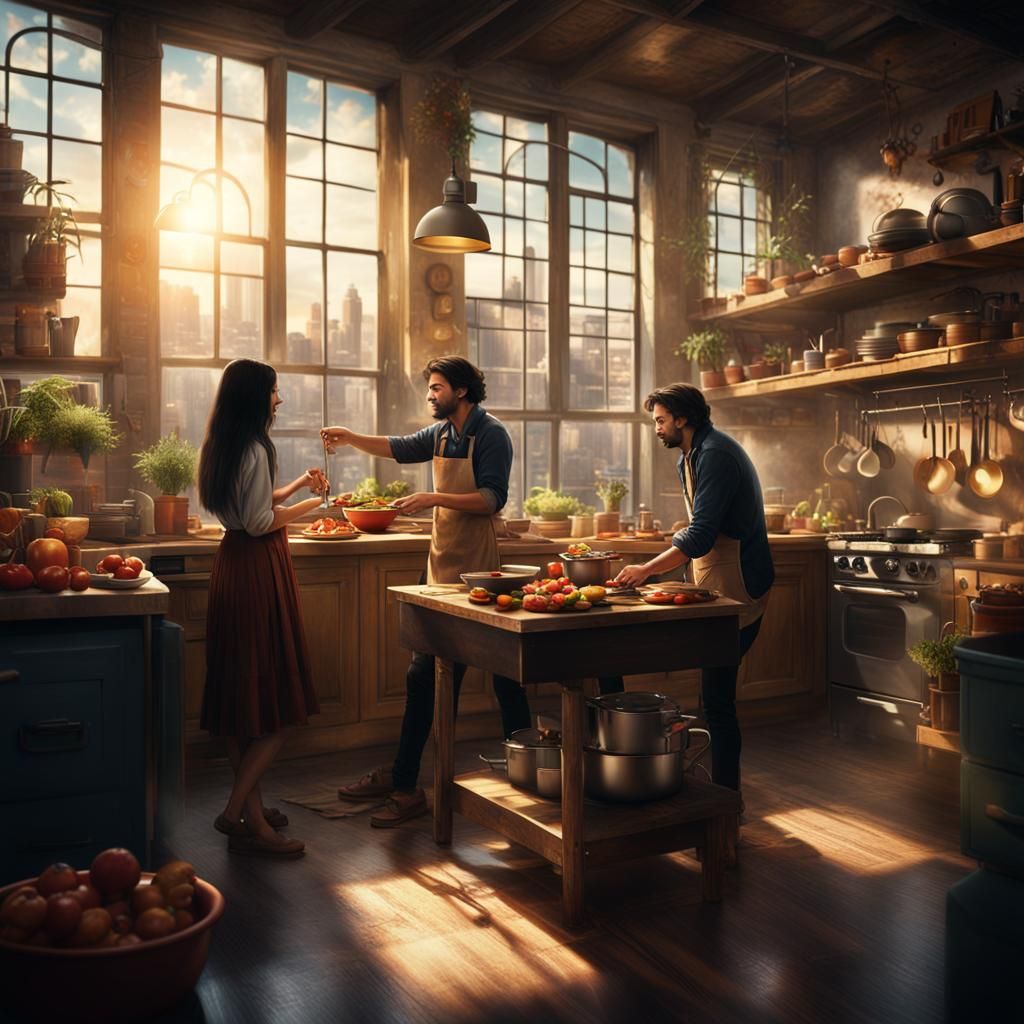 Couple Cooking in Loft Apartment: Digital Matte Painting