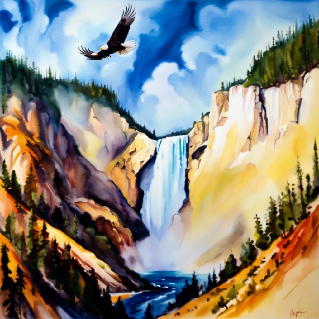 Yellowstone Lower Falls: Watercolor Painting