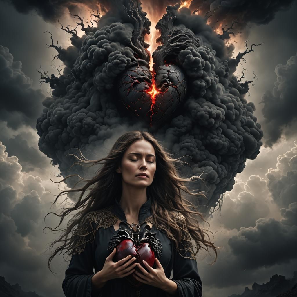 Woman Holding Heart with Dark Cloud, Digital Matte Painting