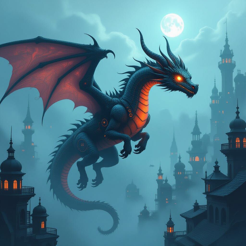 Bioluminescent Dragon in Steampunk Cityscape