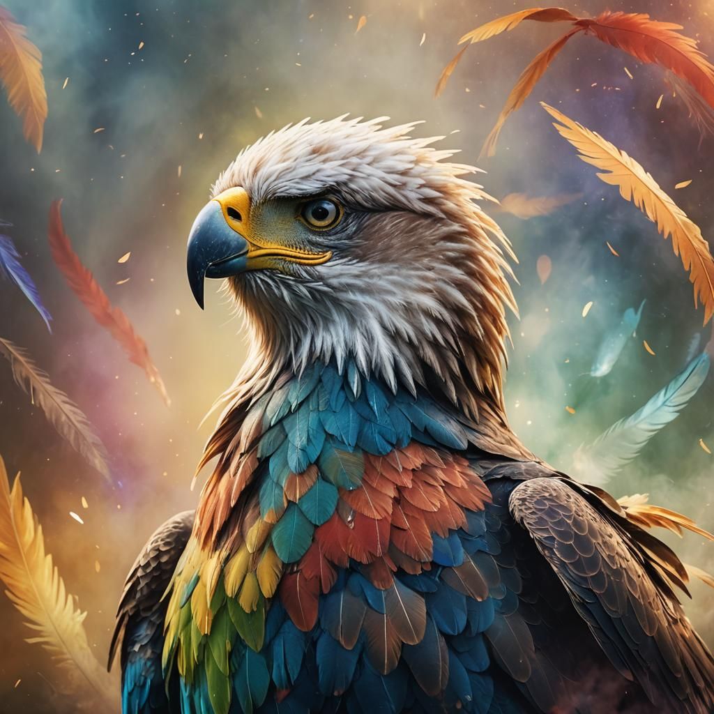 Mystic Bird: Majestic Eagle and Parrot Union in Ethereal Lig...