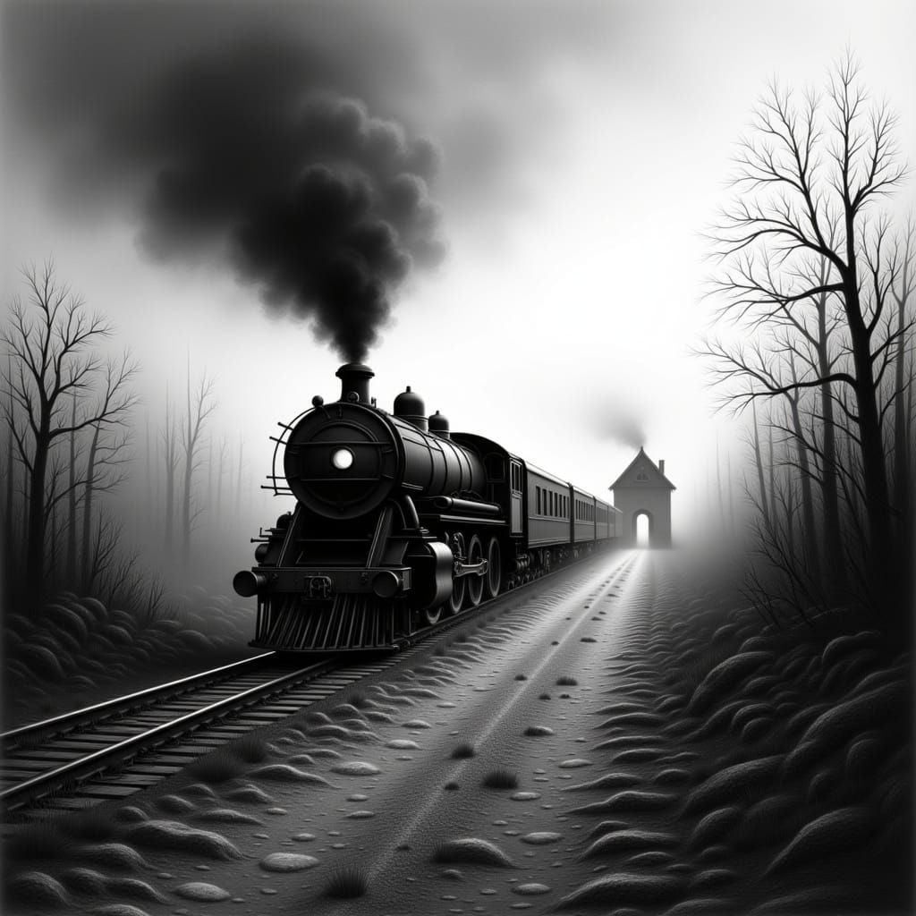 Vintage Steam Train in Foggy Gothic Landscape