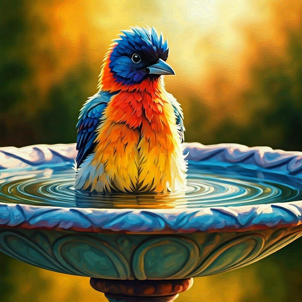Colorful Bird Bath in Impressionist Oil Painting
