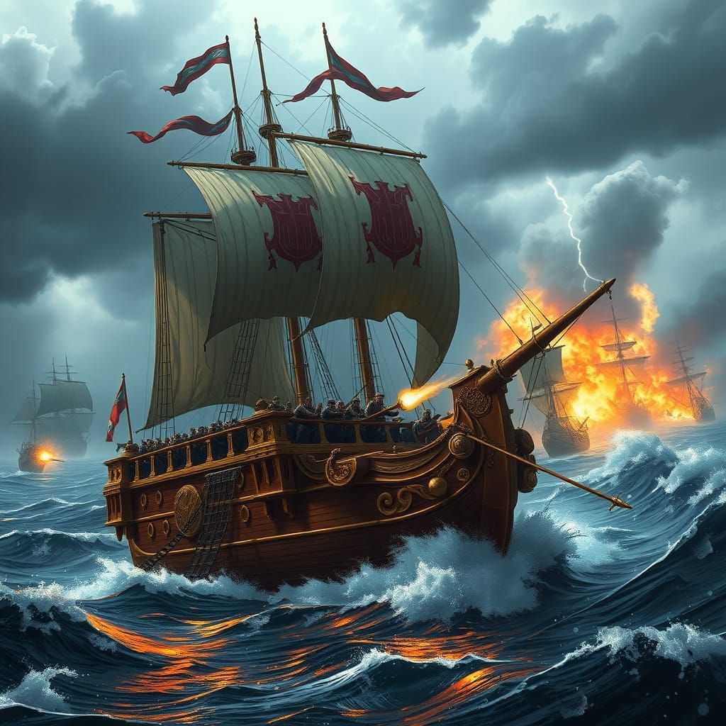 Majestic King's Warship Battles Stormy Seas in Golden Armor