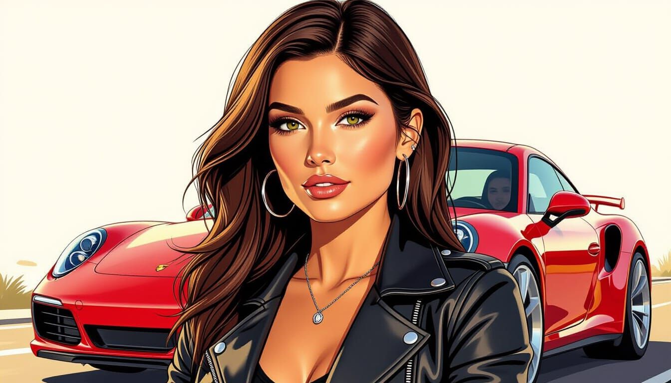 Comic Art Style Portrait in a Red Porsche