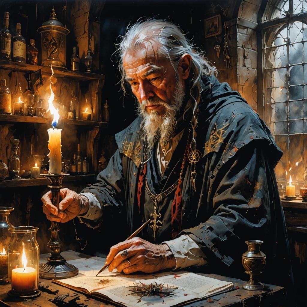 Medieval Sorcerer Casting Spell in Candlelight