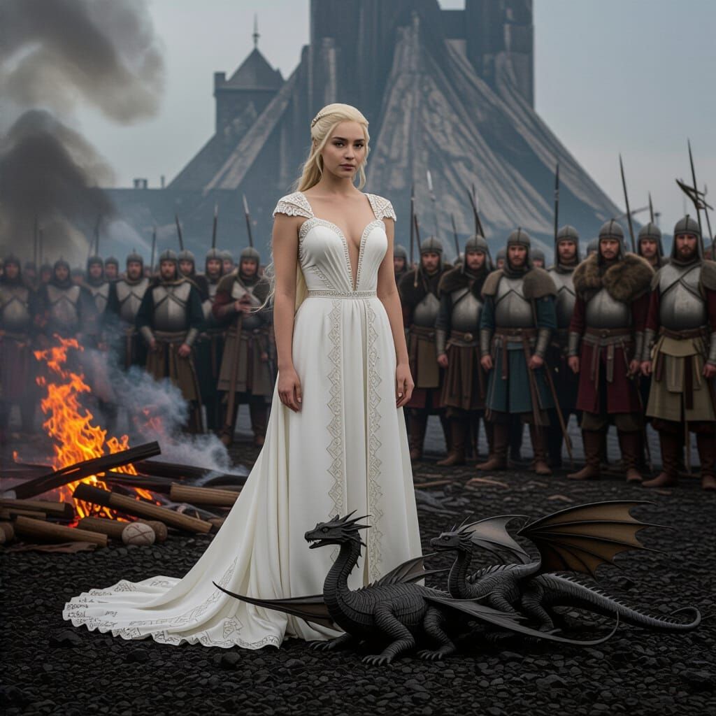 Daenerys Targaryen Amidst Ashes with Dragons
