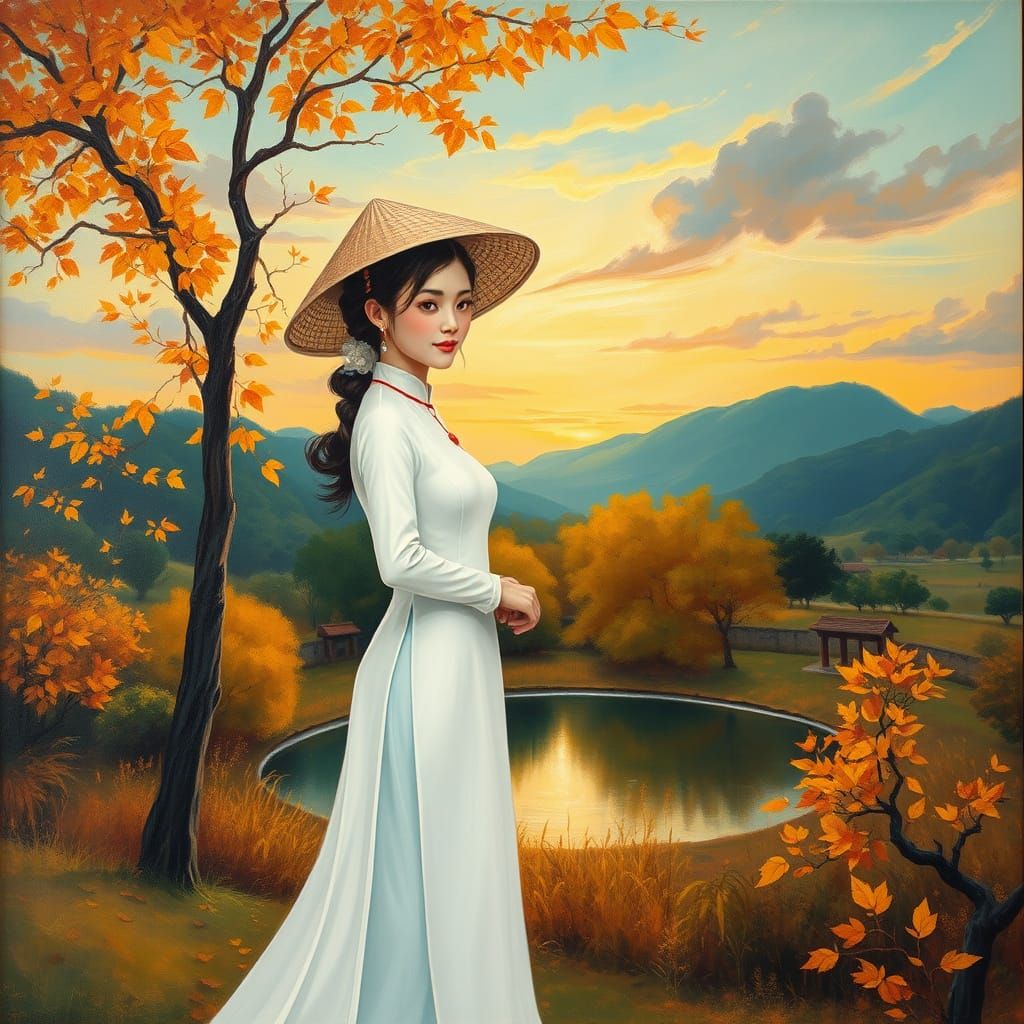 Surreal Vietnamese Girl in Autumn Landscape with Zen Garden