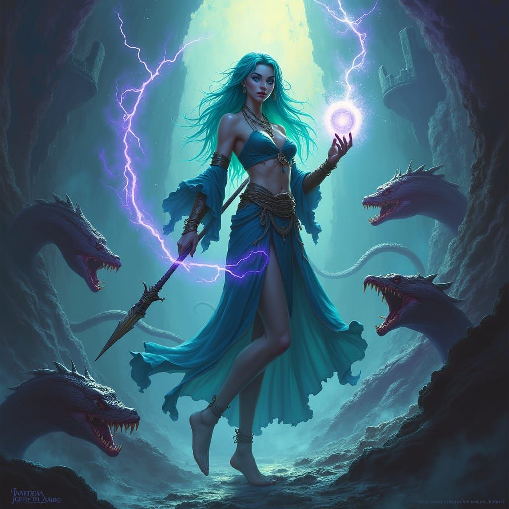 Aquatic Elf Battles Sea Serpents in Shipwreck