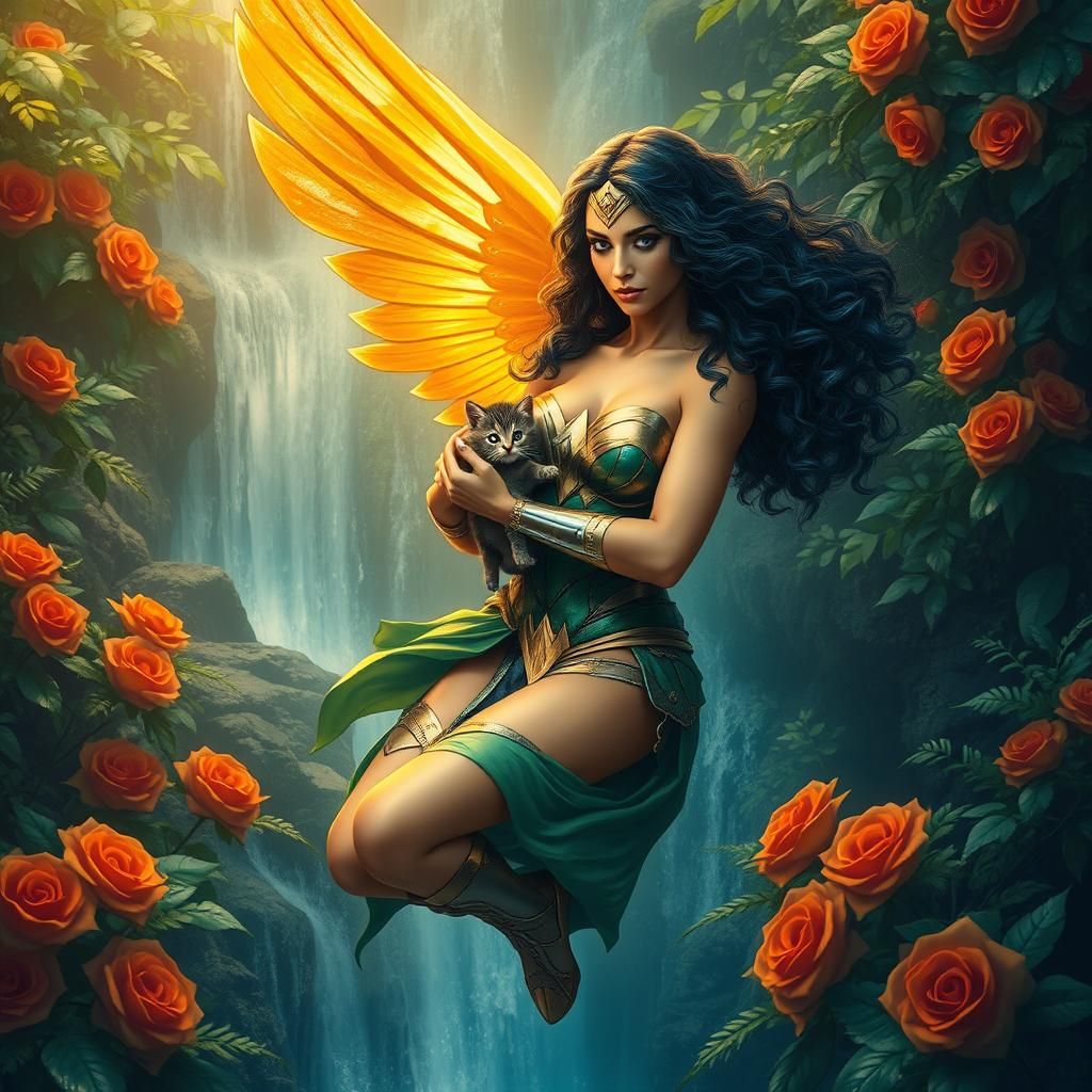 Wonder Woman with Golden Wings in Lush Rainforest