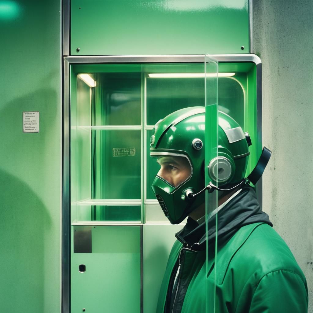 Retrofuturistic Man and Vintage Phone Booth