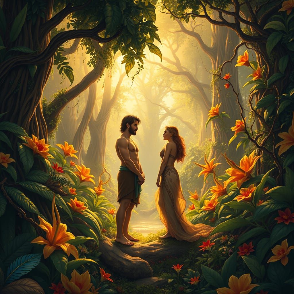 Mystical Figures in a Vibrant Garden Paradise