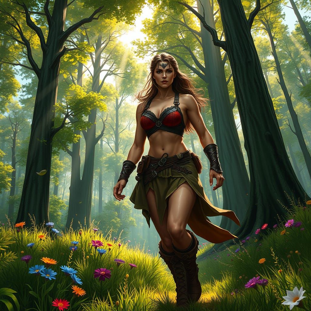 Serene Barbarian Warrior Strides Through Vibrant Forest Land...