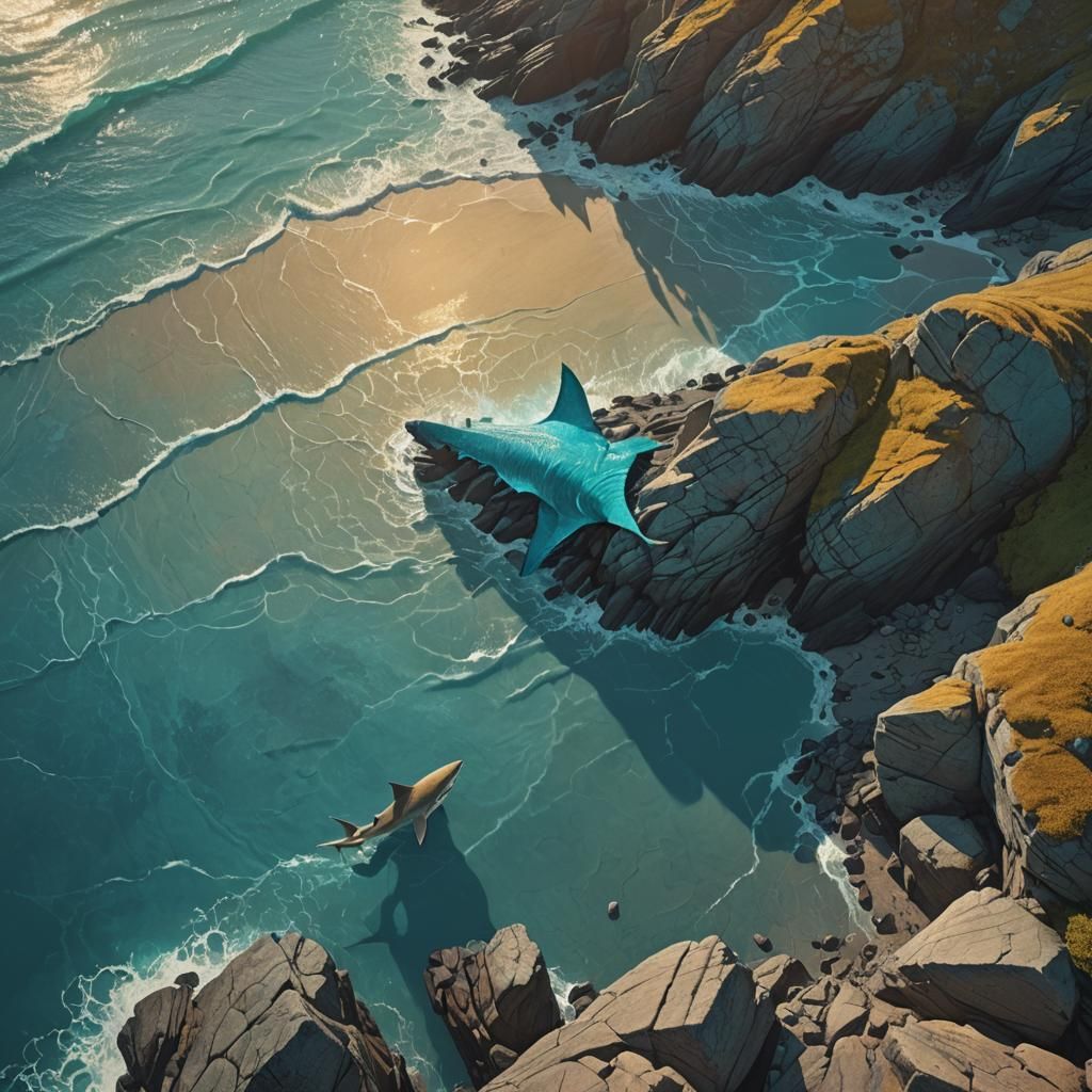 Surreal Dog-Shark Hybrid on Rocky Coastline