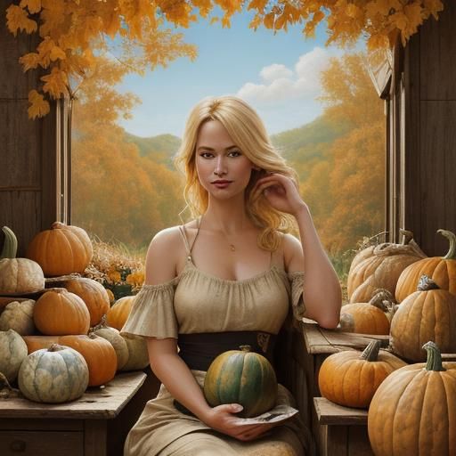 Blonde Woman with Gourds: An Oil Painting