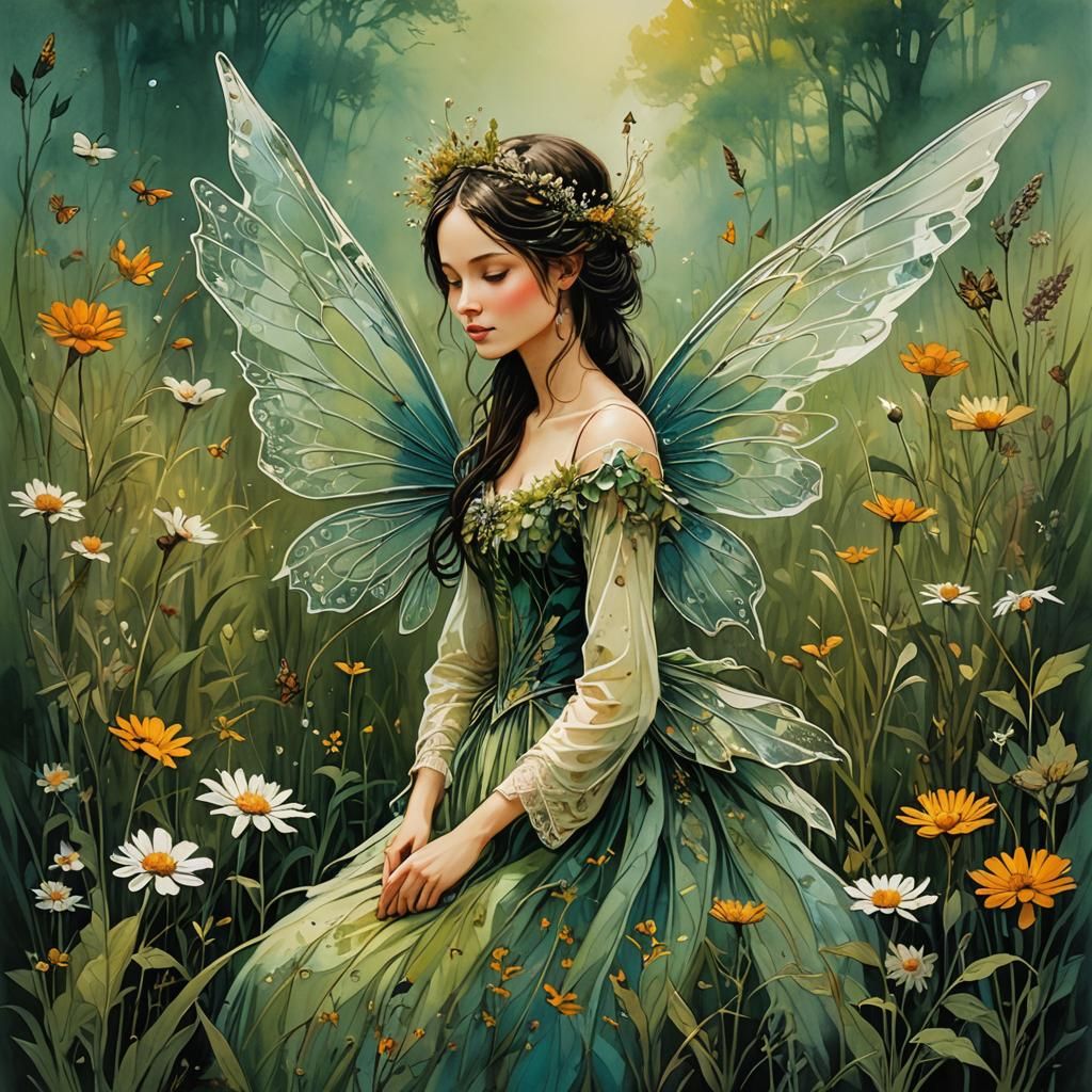 Fairy Portrait with Magnificent Wings in Storybook Style