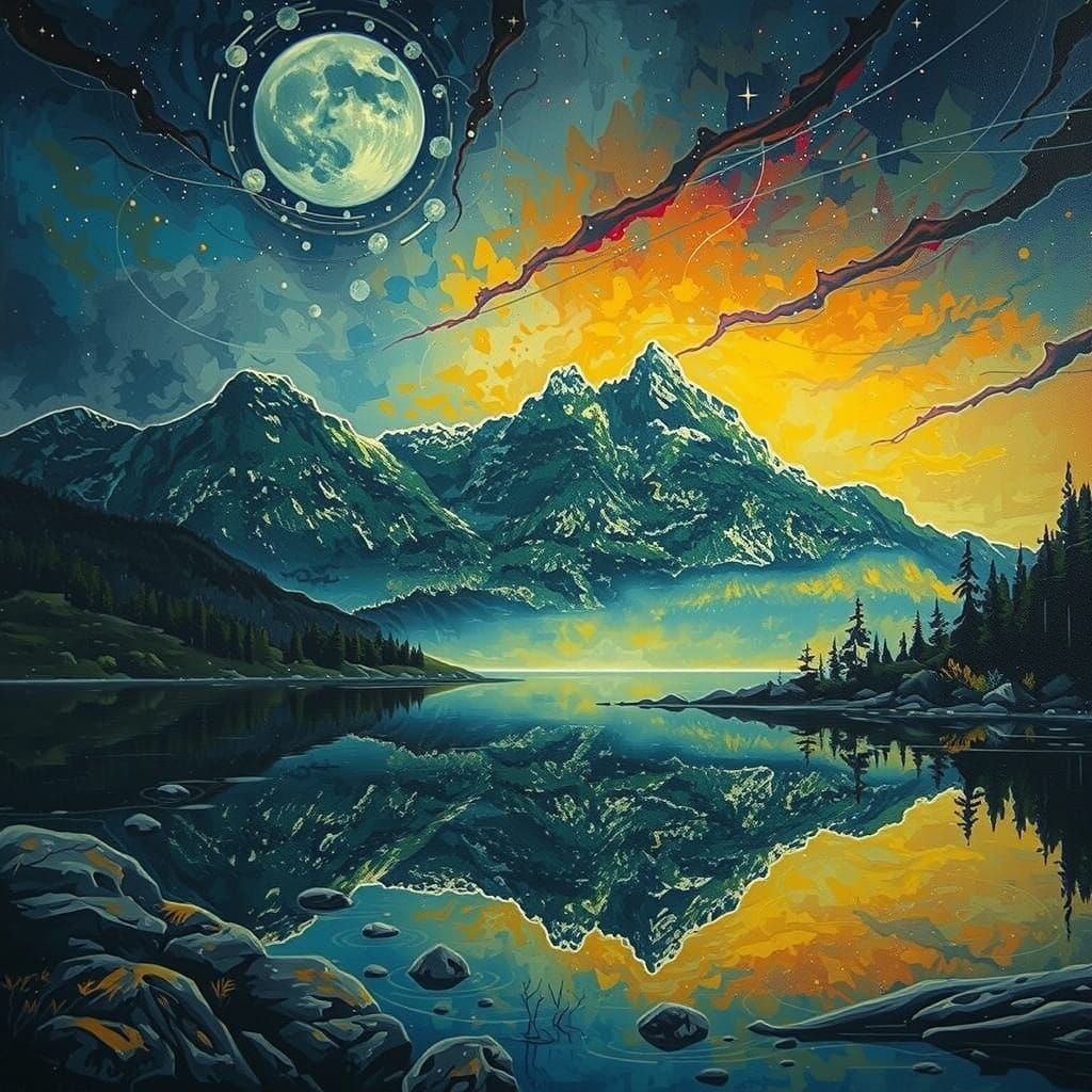 Expressionist Mountain Lake Storm in Velvet Colors