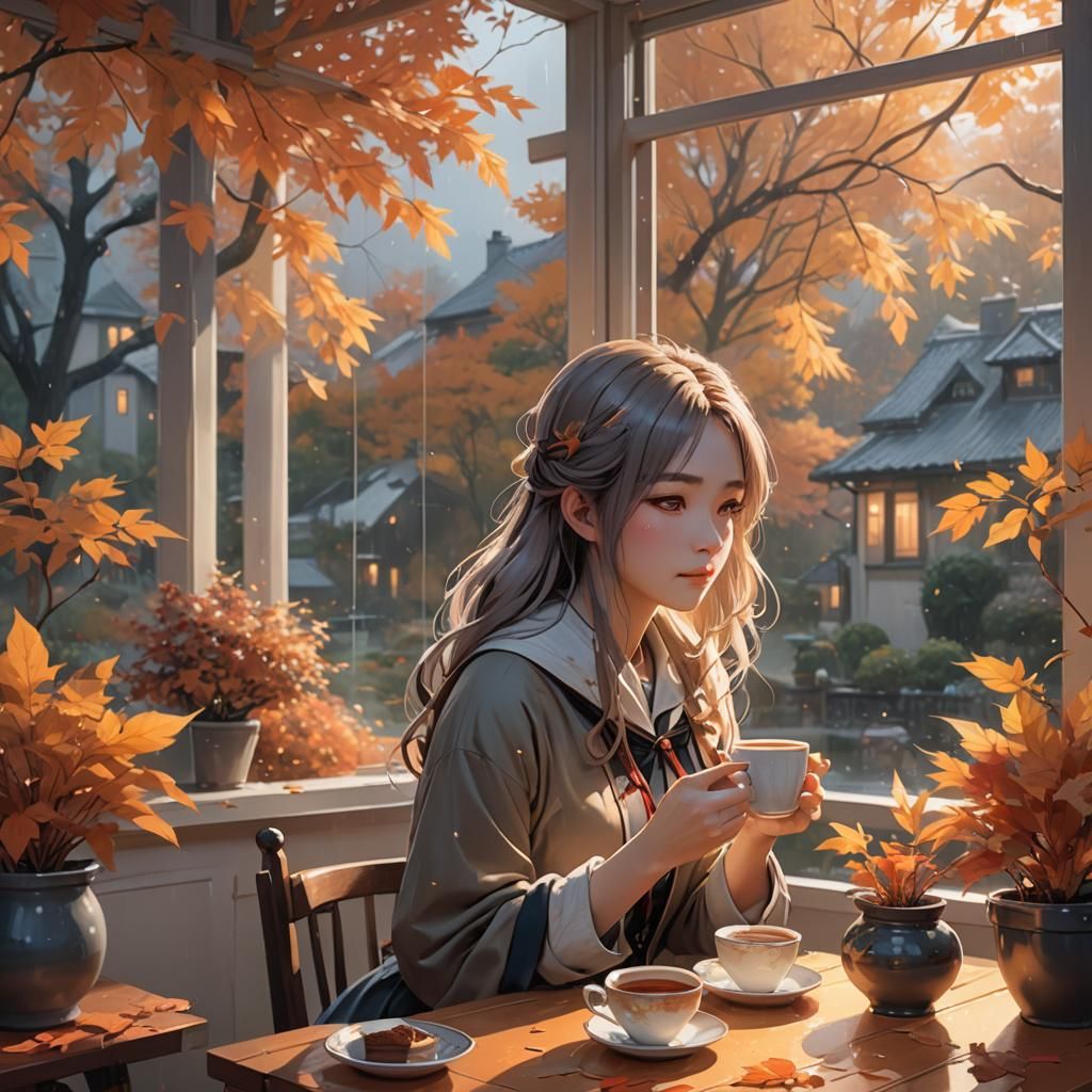 Young Woman with Tea in Rainy Autumn, Anime Art