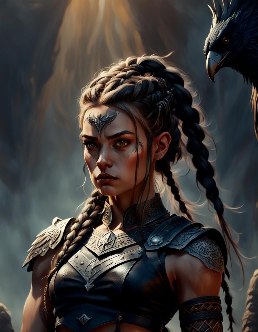 Viking Warrior Woman Portrait in Digital Matte Painting Styl...