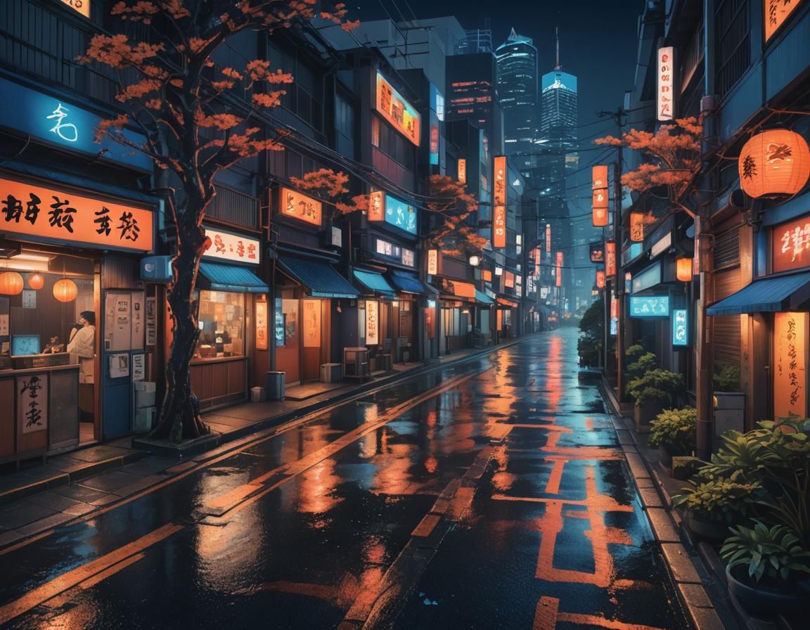 Neon Tokyo Cityscape in Hokusai Woodblock Style